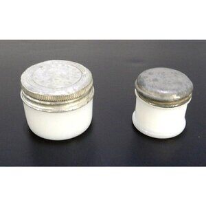 Two vintage tiny white glass makeup, face cream jars with screw on lids